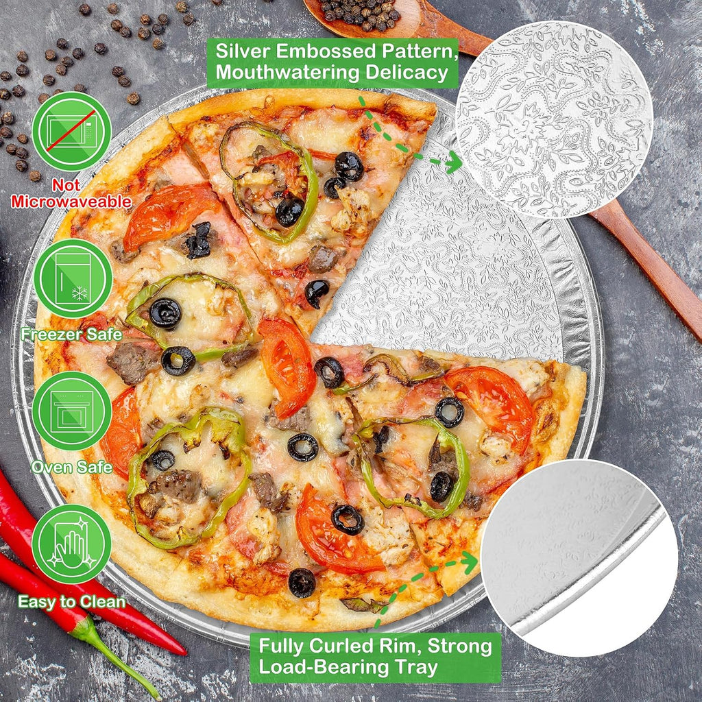 disposable pizza pans 14in, large aluminium foil serving, close-up detail