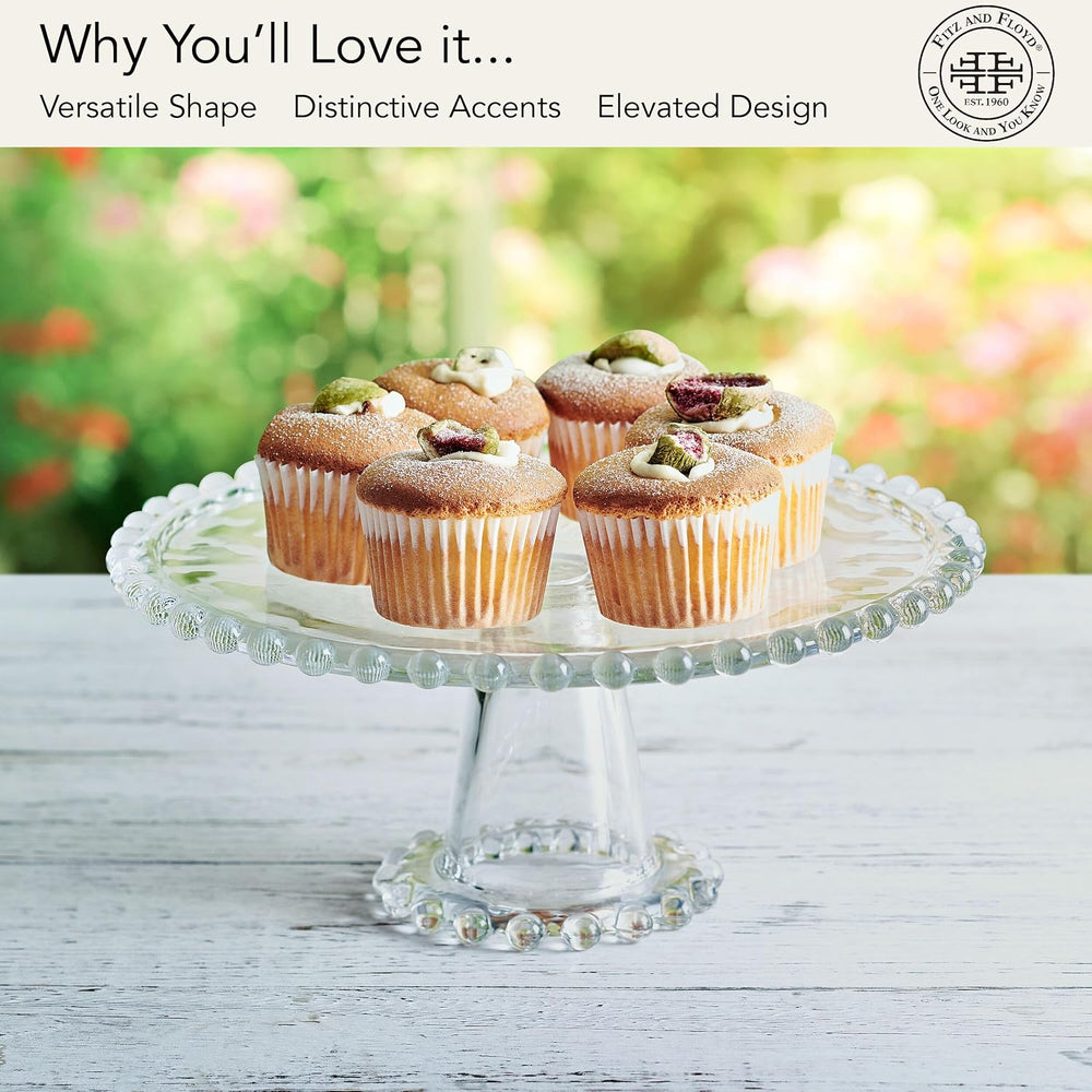 Fitz & Floyd Beaded Large Glass Cake Stand, 10.75 Inch Clear Glass Pedest...