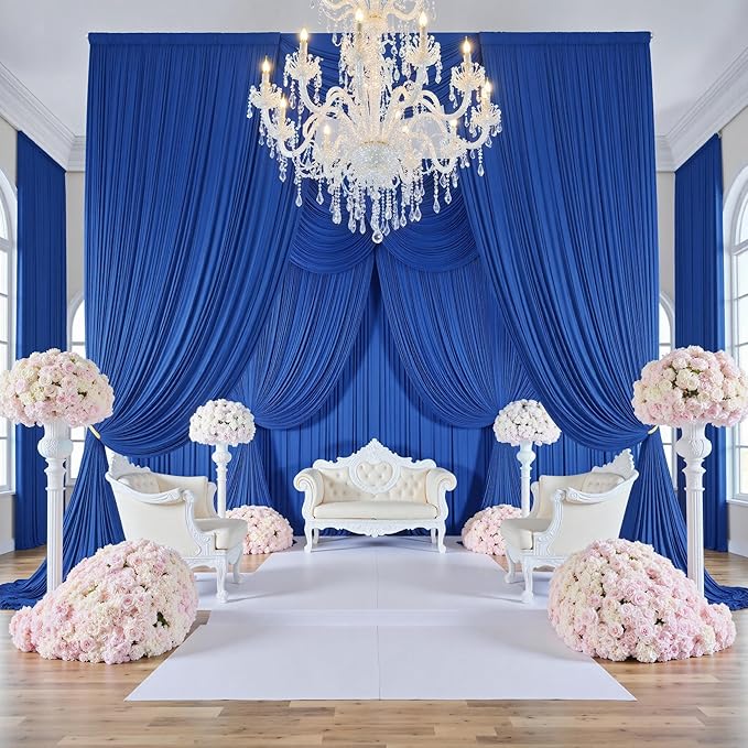 PartyVillage 50ft×15ft Royal Blue Backdrop Curtain for Wedding Parties, 10 Panels Wrinkle Free 15 FT Long Polyester Photo Backdrop Drapes Back Drop Cloth for Birthday Photography Background