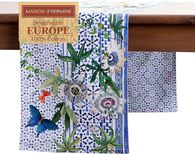 Maison d' Hermine Table runner 100% Cotton Double Layer Table Runners 72 inches long Decorative for Home Kitchen Dining Party Baby Shower Wedding Bridal Shower Spring Summer (Passiflora, 14.50" x 72")