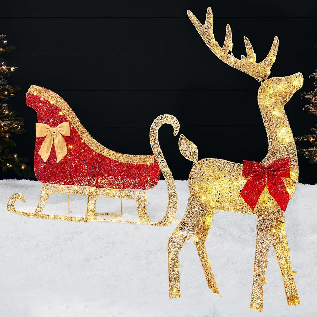 Best Choice Products 4ft Lighted 2D Reindeer & Sleigh Set, Christmas Holiday Deer & Sled Outdoor Yard Decoration w/ 140 LED Lights - Gold