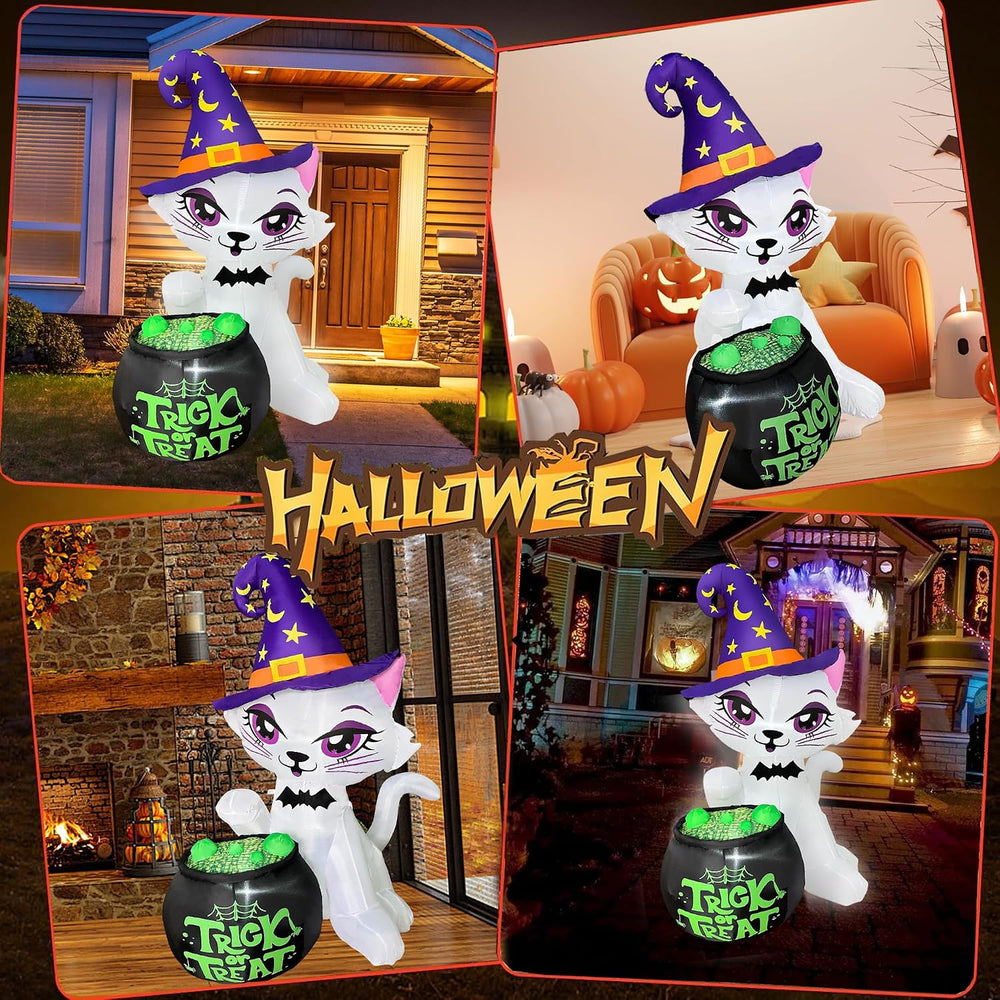 5FT Halloween Inflatable Cat with Witch Cauldron Yard Decor