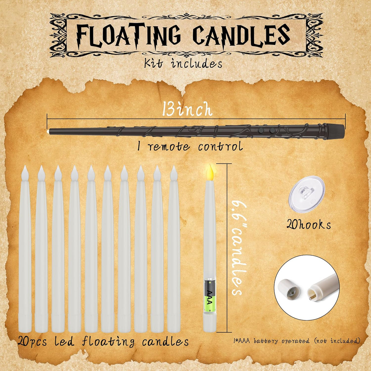 20PCS Floating Candles with Wand, Magic Hanging Candles, Flickering Warm Light Taper Flameless Floating LED Candle for Halloween Decor, Halloween Decorations for Indoor Classroom Bedroom Party