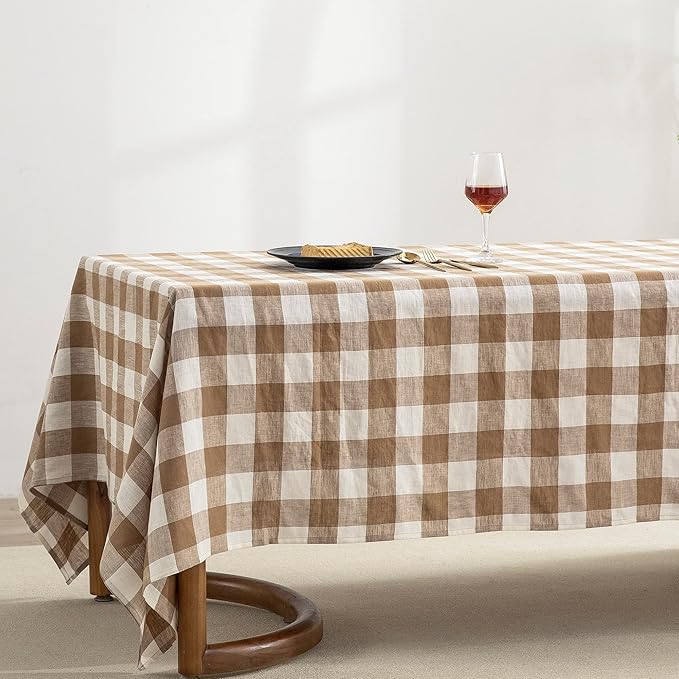 EVERLY 100% Yarn-Dyed Linen Rectangle Tablecloths 60x132Inches for Dining,Buffet Parties,Picnic,Events and Restaurants,Decorative Halloween,Thanksgiving Machine Washable Tablecloths-Brown Plaid