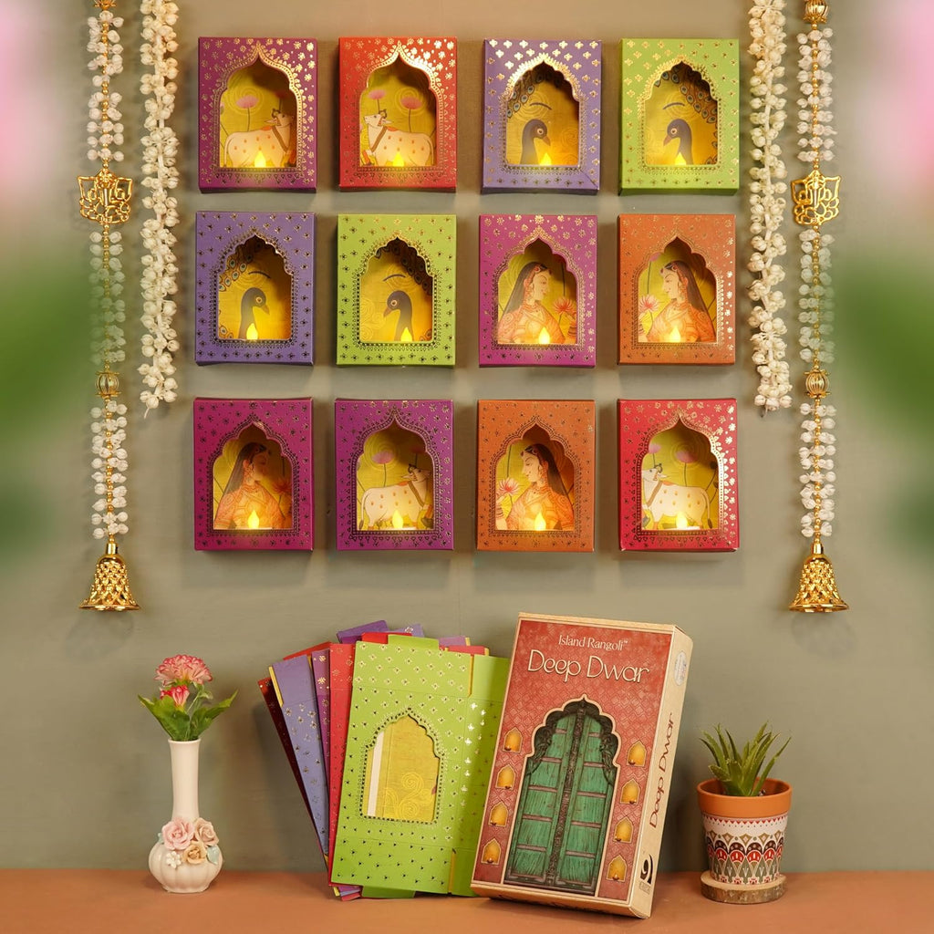 Island Rangoli Paper Deep Dwar (Pack of 12) with LED Candle, Jharokha Style Wall & Home Decor for Diwali Decoration, Festive Decor, Wall Decor
