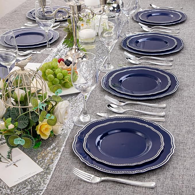 Hioasis 60pcs Blue Plastic Plates - Blue and Silver Disposable Dinnerware with Gold Rim, Heavy-duty, 7.5 inch, Dessert Plates for Party & Wedding