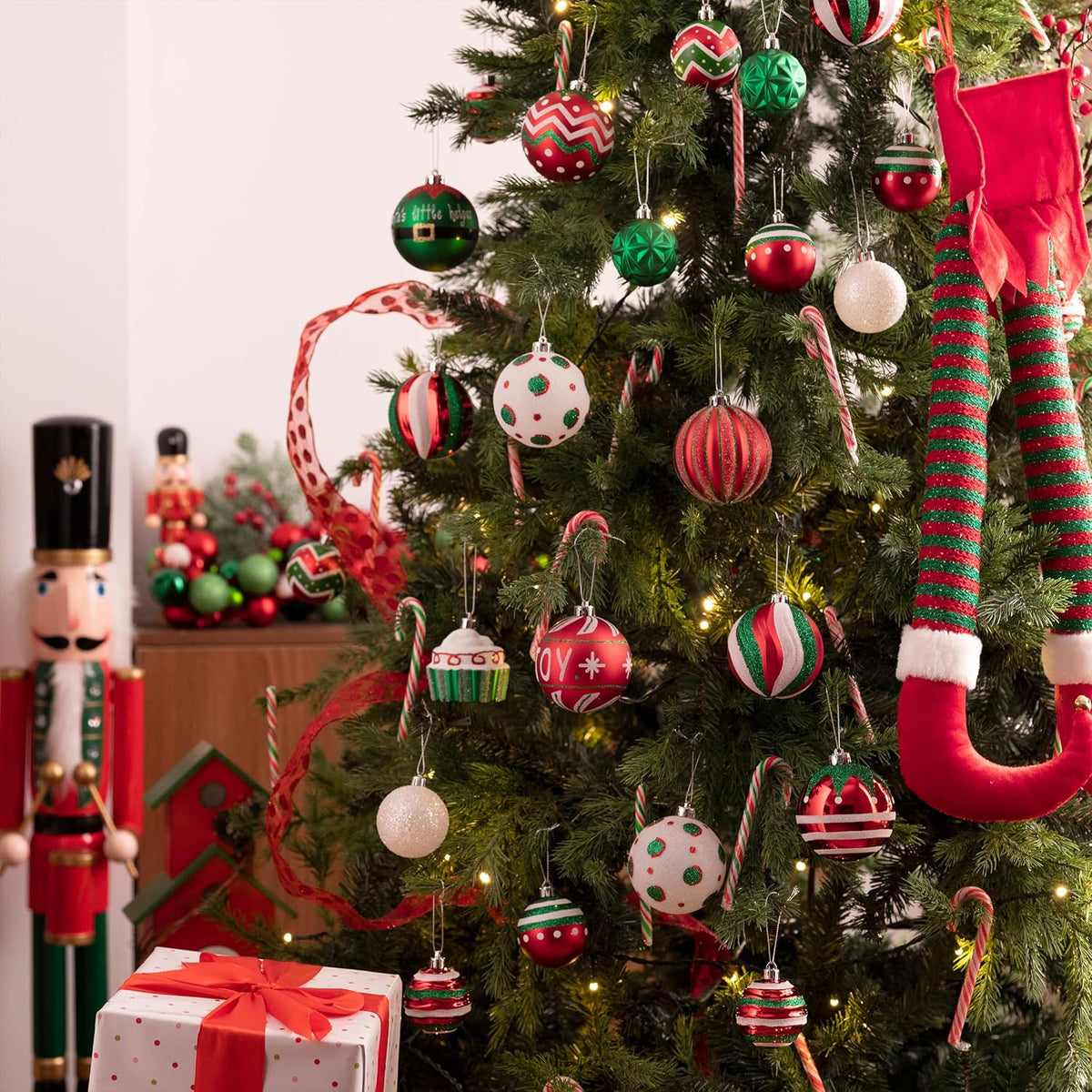 Valery Madelyn Large Christmas Tree Ornaments Set, 16ct Candy Cane Red Green White Shatterproof Christmas Tree Decorations Bulk, 3.15 Inch Decorative Hanging Ball Ornament for Xmas Trees Holiday Decor