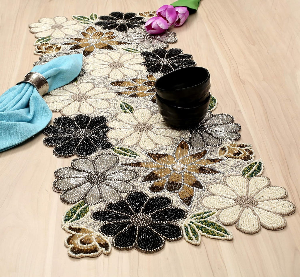 Lightnpro Floral Handmade Decorative Thanksgiving Christmas Beaded Table Runner - Perfect for Xmas Easter Fall Harvest Autumn Table Décor - Handmade by Skilled Artisans- 13x36 - Brown Combo