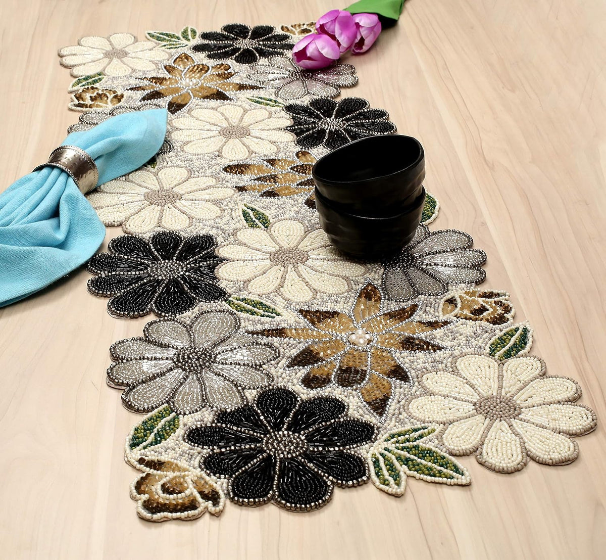 Lightnpro Floral Handmade Decorative Thanksgiving Christmas Beaded Table Runner - Perfect for Xmas Easter Fall Harvest Autumn Table Décor - Handmade by Skilled Artisans- 13x36 - Brown Combo