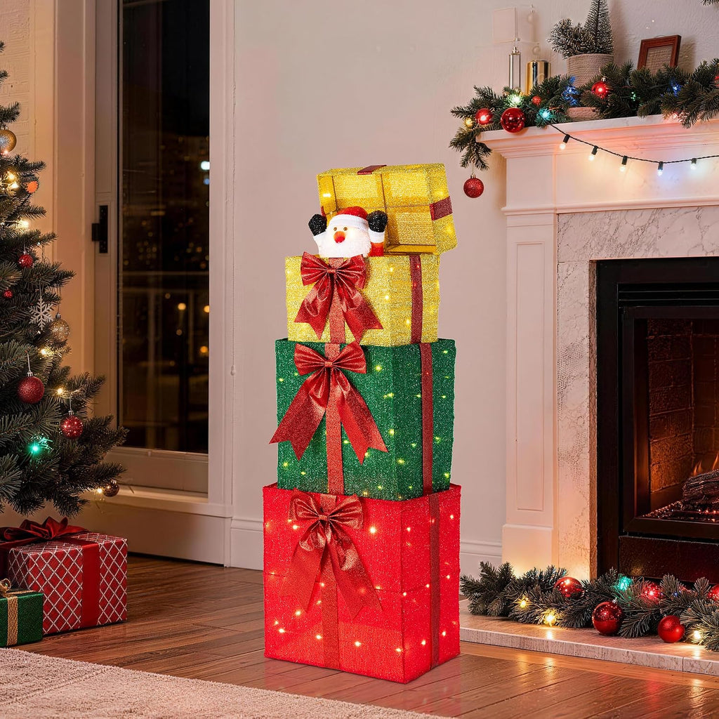 Glitzhome Lighted Outdoor Christmas Decor, 40" Animated Stacked Gift Box with Snowman Pop Up and 120 Warm White LED Lights, Christmas Yard Decoration