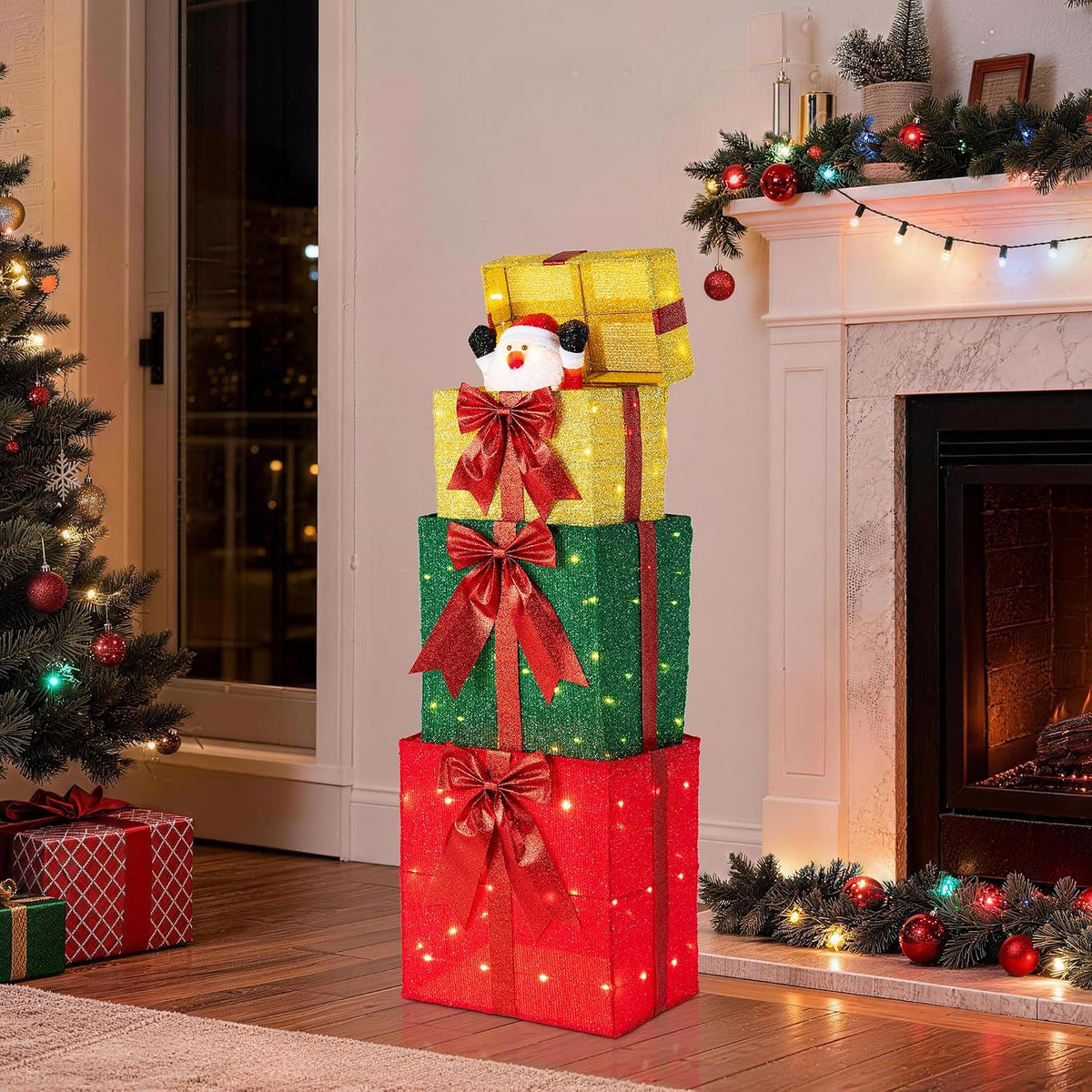 Glitzhome Lighted Outdoor Christmas Decor, 40" Animated Stacked Gift Box with Snowman Pop Up and 120 Warm White LED Lights, Christmas Yard Decoration
