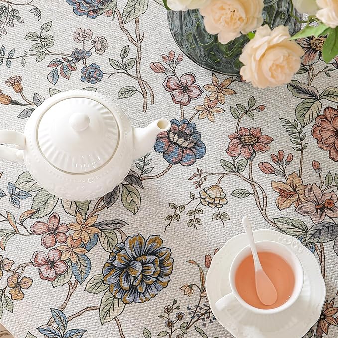 ISAENNE Designer French Light Beige Round Tablecloth,Linen Florals and Birds Pattern Table Cloth,Anti-Wrinkle Decorative Tablecloths for Dining Thanksgiving Kitchen,Diameter 67"-Cornucopia