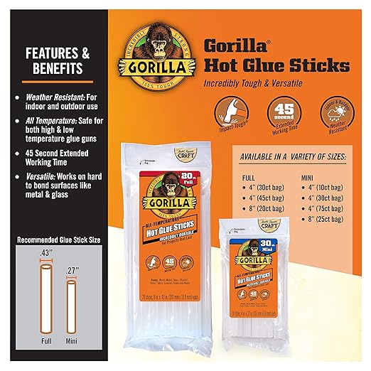 Gorilla Hot Glue Sticks, Clear Glue, Mini Size 4" Long x 0.27" Diameter, 30 Count (Pack of 12) - Safe for All Temperatures with Extended Working Time