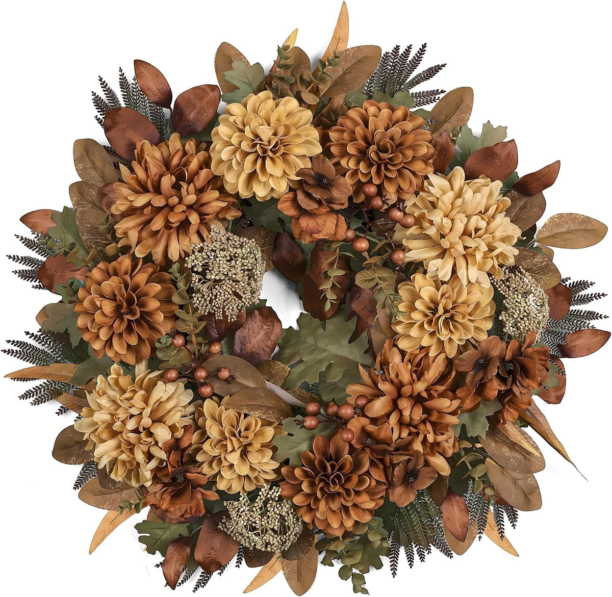 24" Fall Wreaths for Front Door with Mums Dahlias Queen Anne's Lace