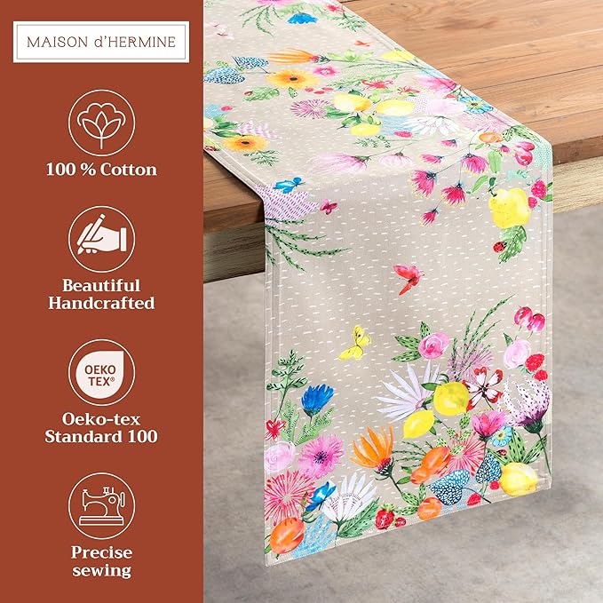 Maison d' Hermine Table Runner 100% Cotton Double Layer Table Runners 108 inches Long Decorative for Home Kitchen Dining Party Wedding Bridal Shower Spring Summer (Jardin D'Ete - Fog, 14.50" x 108")