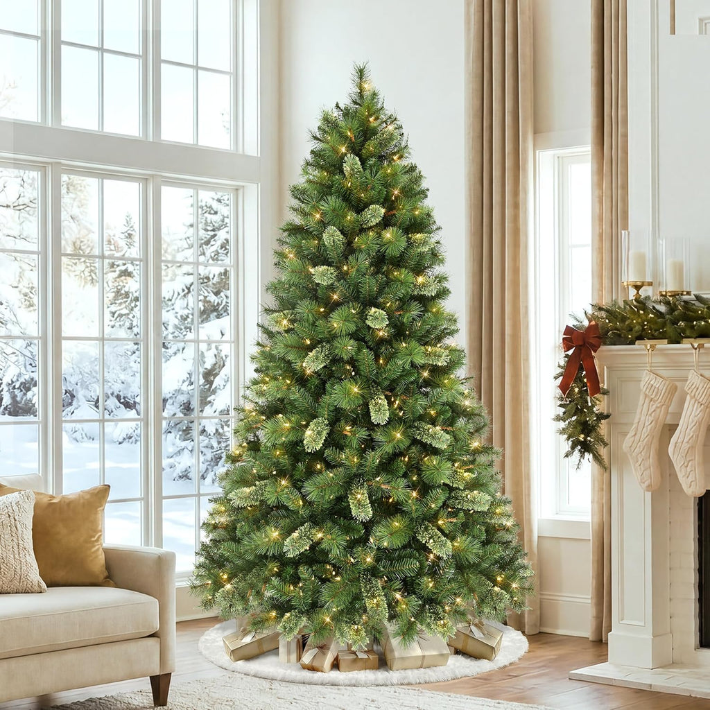 Puleo International 7.5ft Pre-Lit Teton Pine Christmas Tree with 600 Clear Lights, 1347 Realistic Dense Branch Tips, Easy Setup Artificial Trees with Sturdy Metal Stand