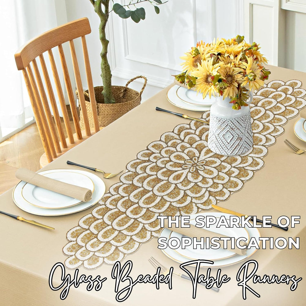 CLEENTABLE Gold Beaded Table Runner, 36 in, Farmhouse Holiday Décor