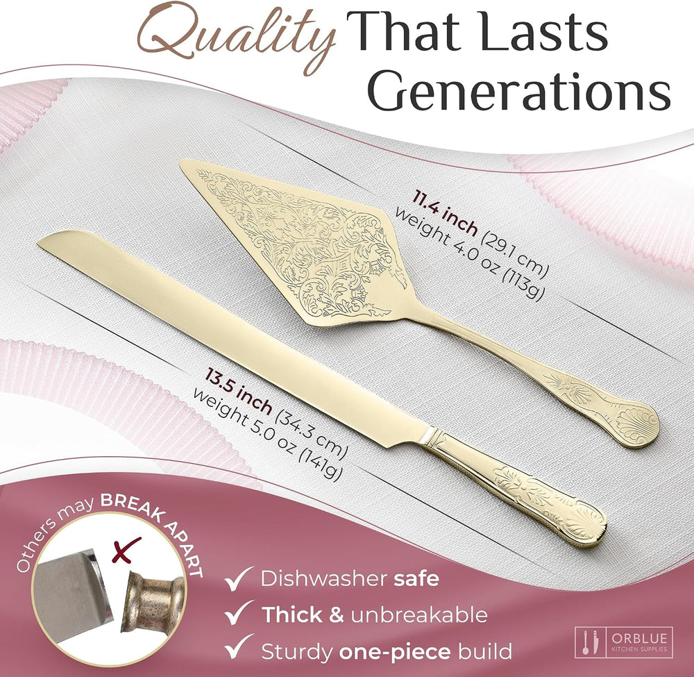 Orblue Wedding Cake Knife and Server Set - Premium, Beautifully Engraved Cutt...