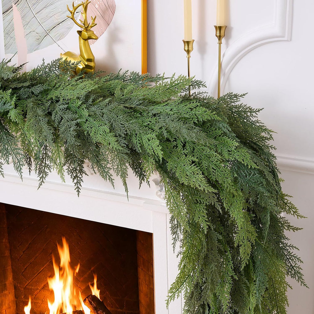 2 Pack 9FT Christmas Cedar Garland with Lights, Faux Greenery Garland
