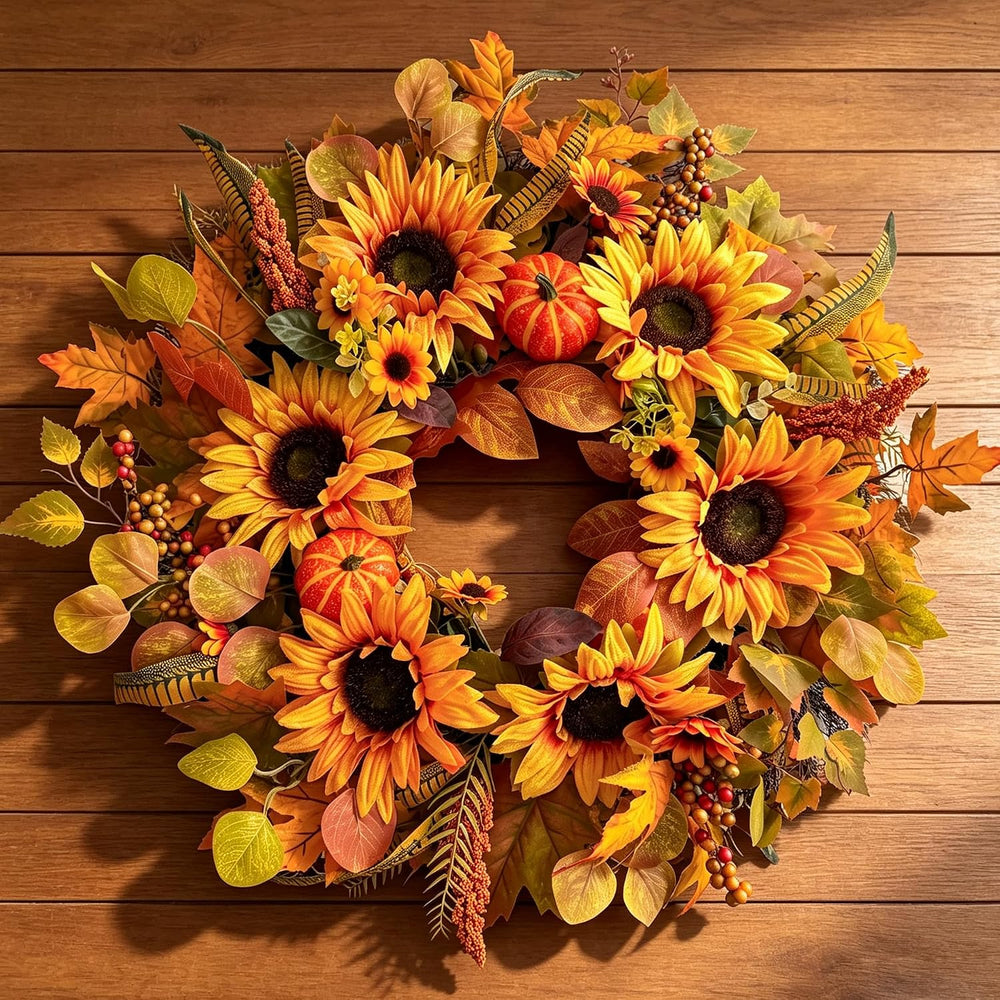 Fall Wreaths for Front Door, 26 Inch Autumn Harvest Wreath with Sunflowers, L...
