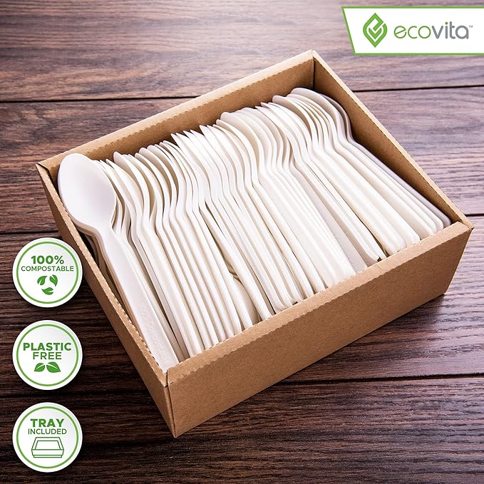 Ecovita 100% Compostable Spoons - 140 Large Disposable Utensils (6.3 in.) Eco Friendly Durable and Heat Resistant Alternative to Plastic Spoons with Convenient Tray
