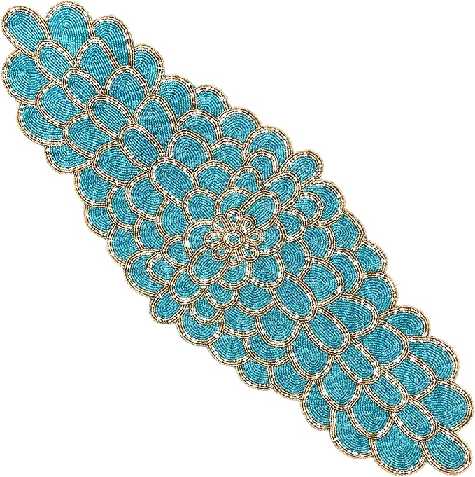 Beaded Table Runner 13 x 36 Inches - Handmade Decorative Dining Table Centerpiece with Glass Beads & Polyester Back, Elegant Runner for Weddings, Parties & Holiday Décor (Blue & Gold) - CLEENTABLE