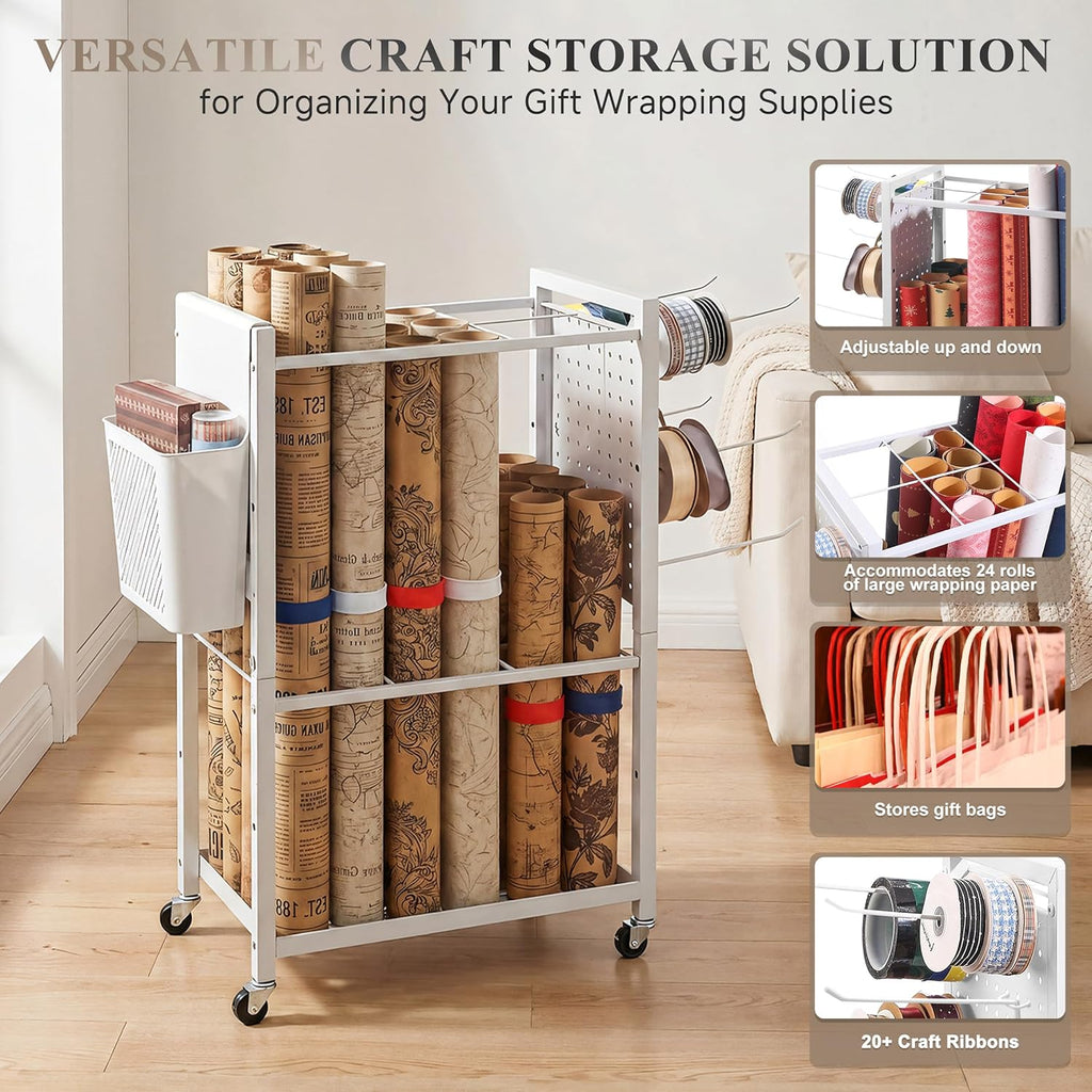 adjustable wrapping paper organizer cart with hooks &, side view