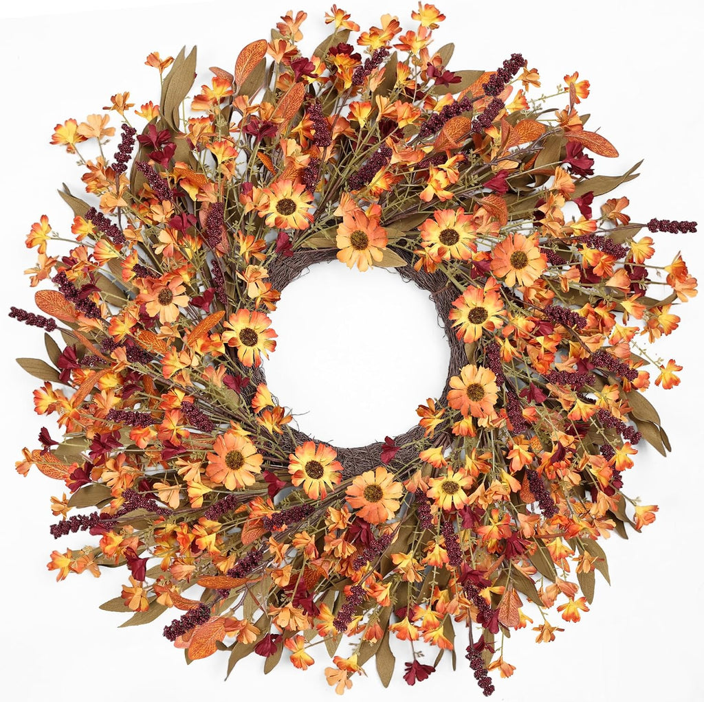 Ghrdopy 24 Inch Fall Wreath Front Door, Artificial Daisy Decor