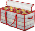 ZOBER Christmas Ornament Storage Box - Stores 128 Ornaments W/ 2 Sided Zipper - Flexible Plastic Christmas Ornament Storage Containers - 3 Inch Cube Compartments - Red