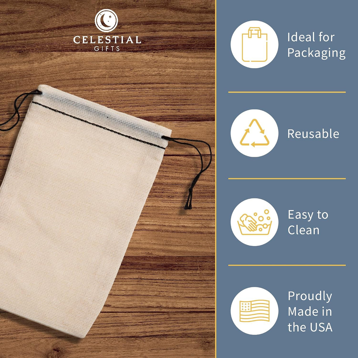 Celestial Gifts Muslin Bags With Drawstring, 50 Pcs, 6x8, Made in USA