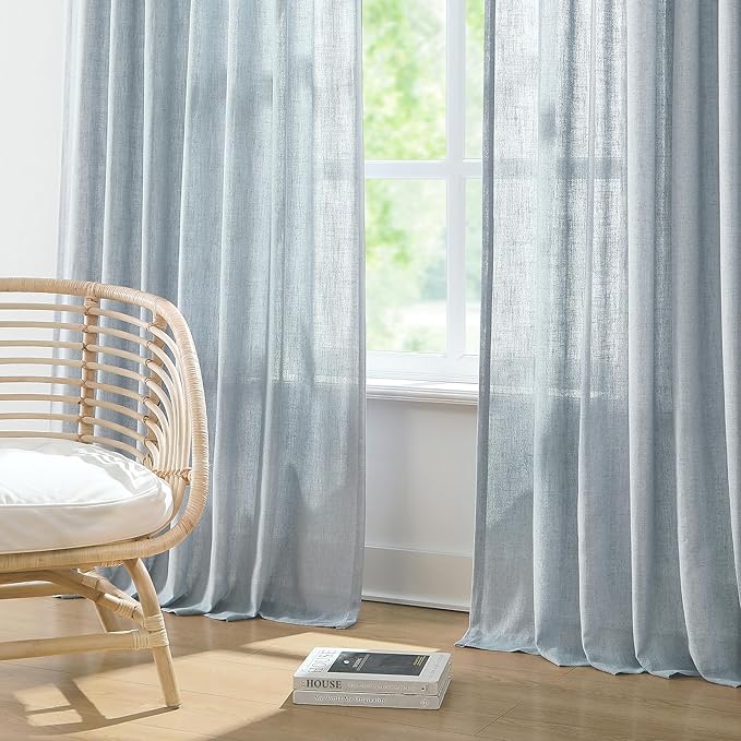 Vision Home Blue Fog Pinch Pleated Semi Sheer Curtains Textured Linen Blended Light Filtering Window Curtains 72 inch for Living Room Bedroom Pinch Pleat Drapes with Hooks 2 Panels 40" Wx72 L