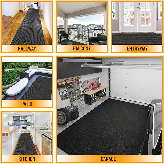 Ottomanson 2'7" x 49' Hallway Runner with Scraper Pile - Extra Durable Non-Slip Rug Mat for Indoor & Outdoor Use - Ideal for Kitchen, Entryway & Garage - High-Traffic Carpet, Black
