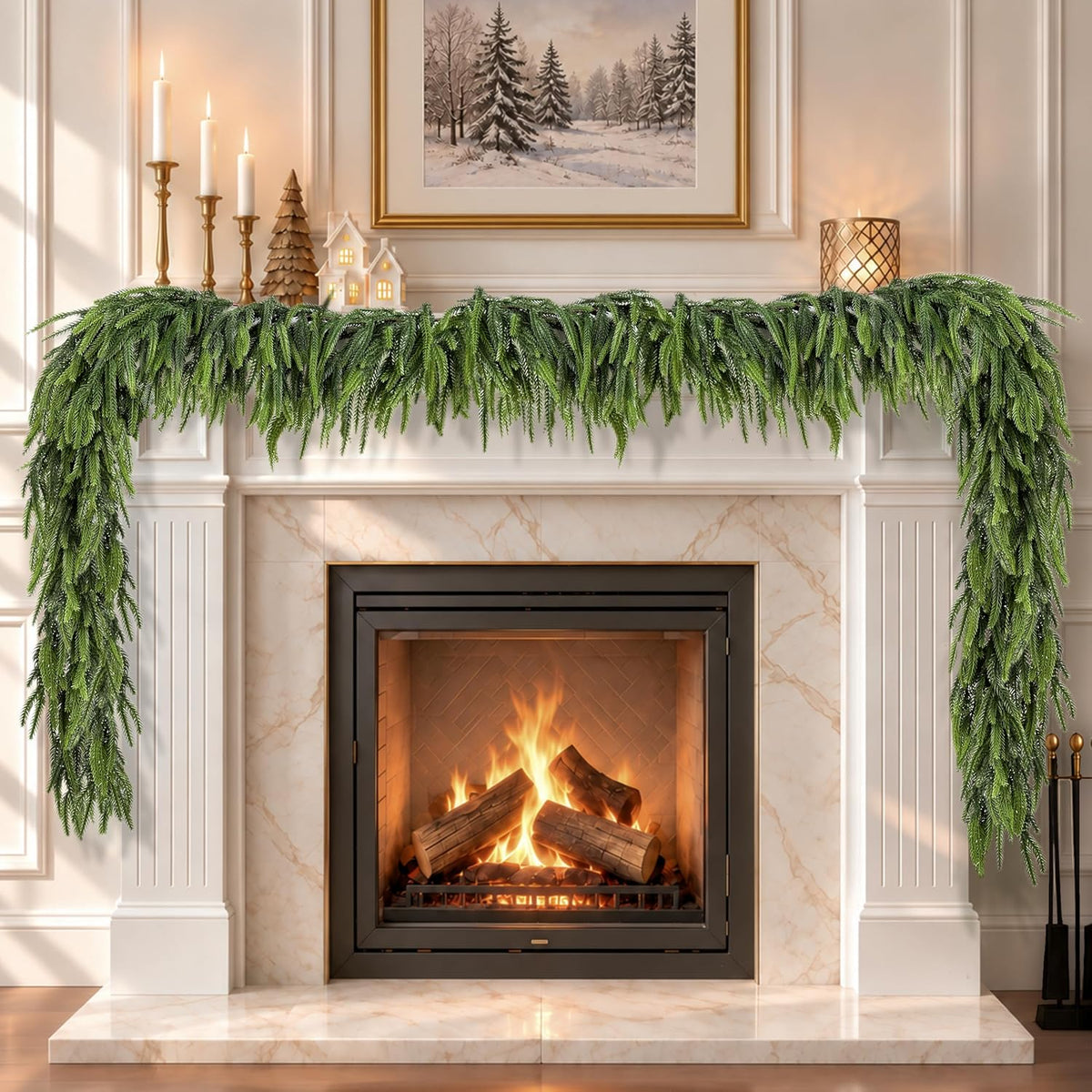 12FTx1 Extra Full Christmas Garland Real Touch Norfolk Pine Garland Faux Greenery Garlands Christmas Decorations Norfolk Pine Garlands for Stairs, Railing,Table Holiday Seasonal Indoor Mantle Decor