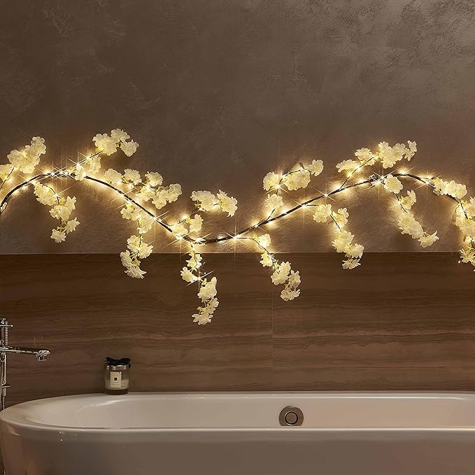 Hairui Cherry Blossom 96 LED Fairy Lights 6FT Garland, White, Battery Operated with Timer for Indoor/Outdoor Decor