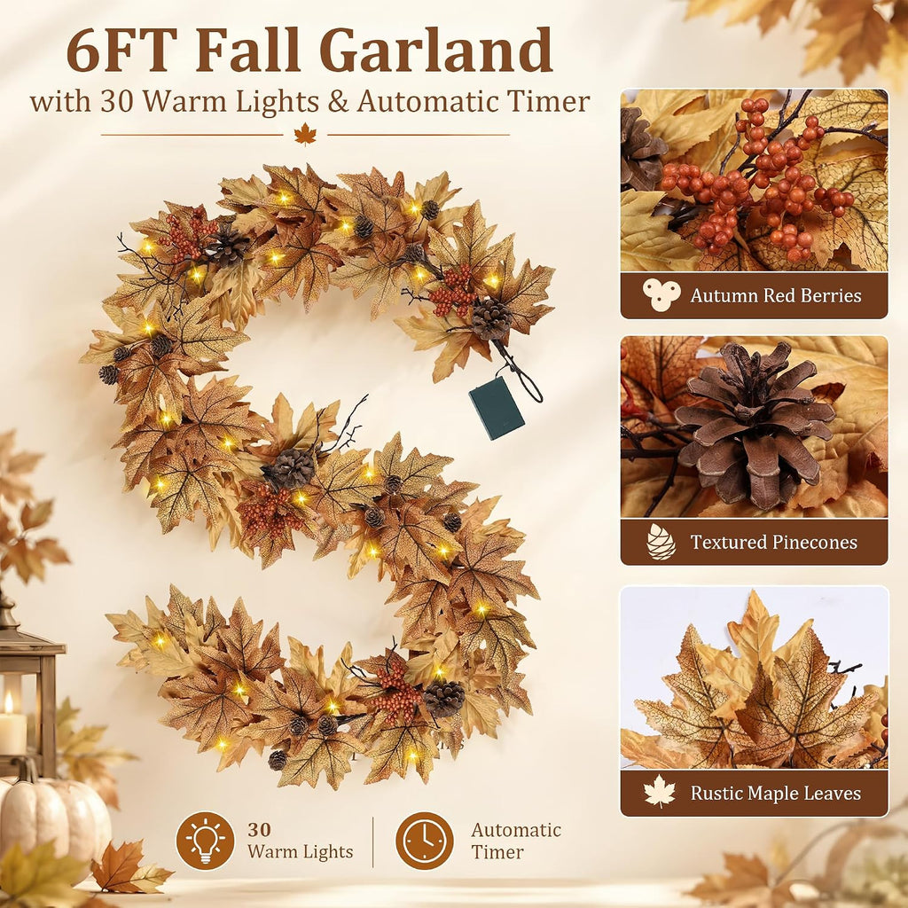 6ft Lighted Fall Garland with 30 Lights & Automatic Timer & Maple Leaves