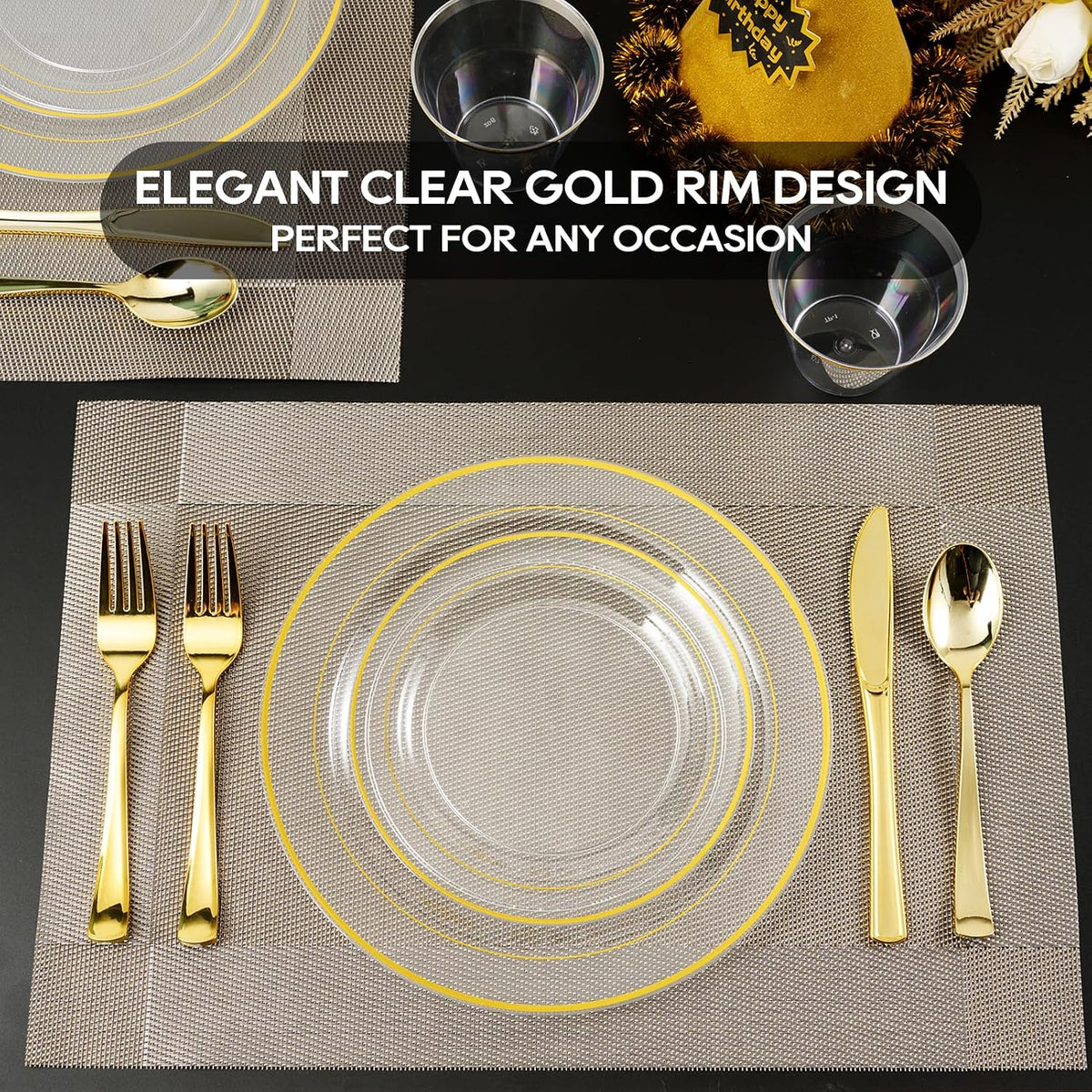 focusline 100 clear gold plastic plates, 7" small on a desk or shelf