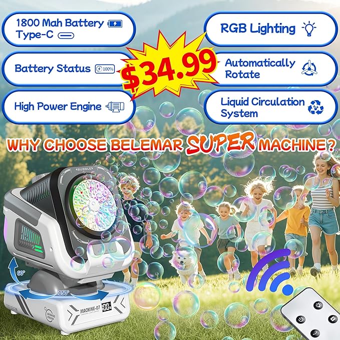 2025 Upgraded Bubble Machine with Remote Control, Automatic Rotation & RGB Lights, 1800mAh Rechargeable Battery, Type-C Charge, Bubble Maker for Kids, Weddings, Birthday Parties, Outdoor Activities