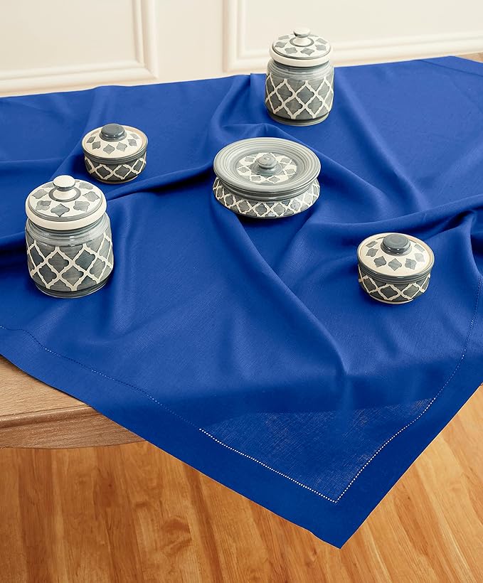 Solino Home Linen Square Tablecloth 52 x 52 Inch - 100% Pure Linen Royal Blue Table Throw - Classic Hemstitch, Machine Washable Table Cloth