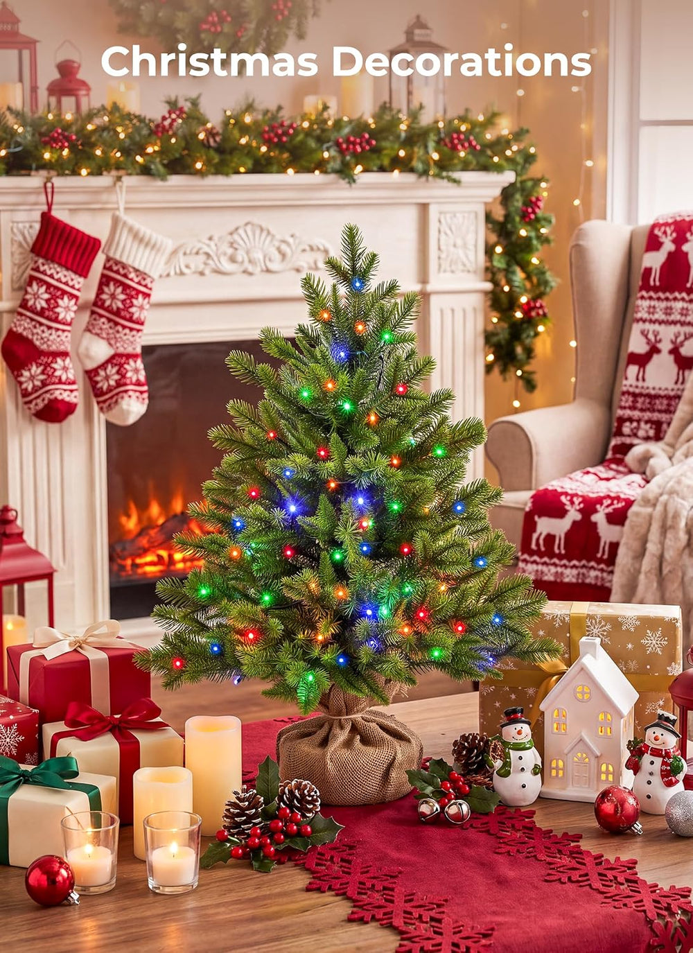 Brightown 2ft Pre-lit Artificial Mini Christmas Tree, Small Tabletop Decor
