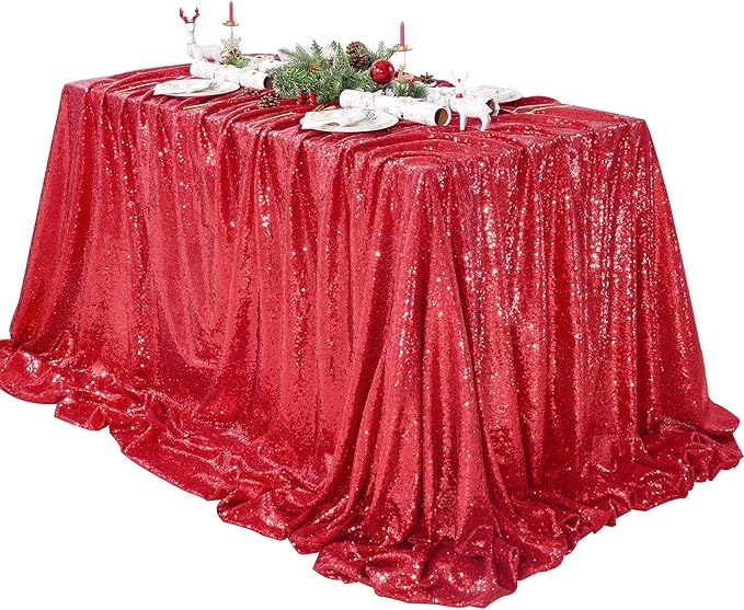 QueenDream Red Sequin Tablecloth 90x132 Inch Red Glitter Table Cloth for Birthday Bridal Shower Party Christmas