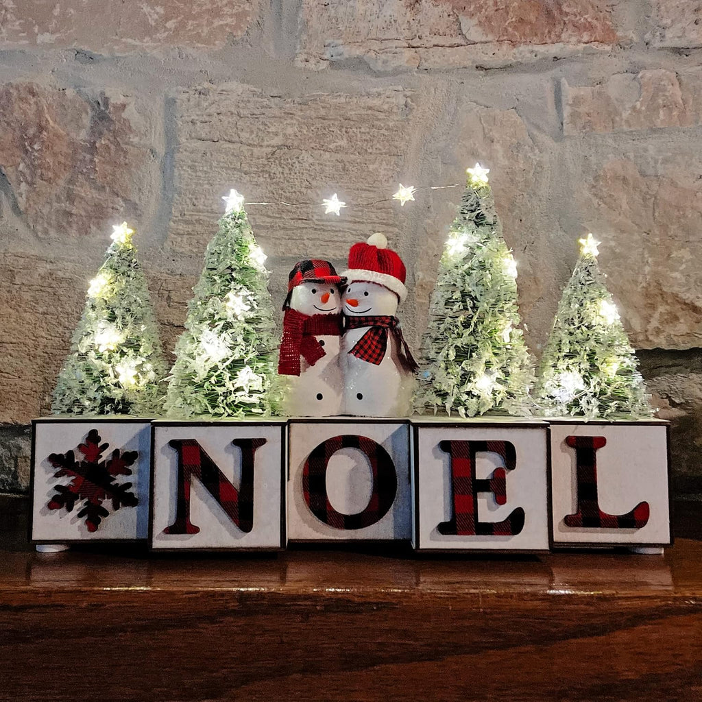 haute decor christmas wood blocks noel with snowmen shown in use