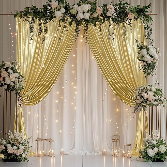 Outpain Thick 40 ft x 10 ft Gold Sequin Backdrop Curtain for Parties, Wrinkle Free Glitter Photo Backdrop Drapes 8 Panels 5x10ft Gold Back Drop Cloth for Wedding Christmas Photography Background
