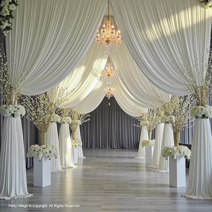 PartyVillage 20ft×15ft Ivory Backdrop Curtain for Wedding Parties, 4 Panels Wrinkle Free 15 FT Long Polyester Photo Backdrop Drapes Back Drop Cloth for Birthday Photography Background