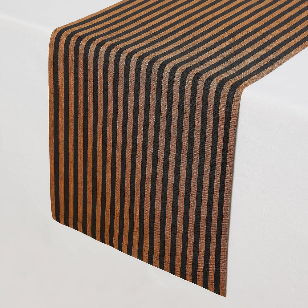 Solino Home 100% Linen Table Runner, 14 x 90 in, Pumpkin and Black Striped