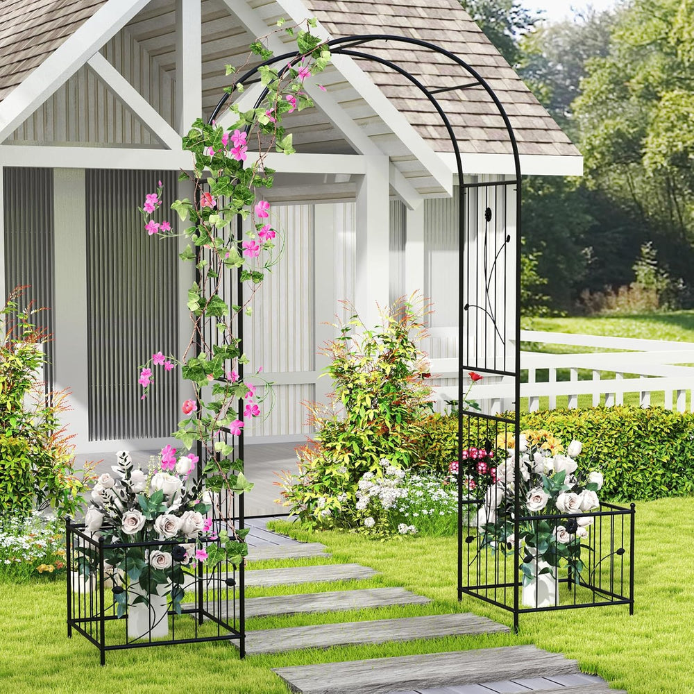Giantex 86'' Metal Garden Arbor Arch Trellis with Planters, 8 Ground ...