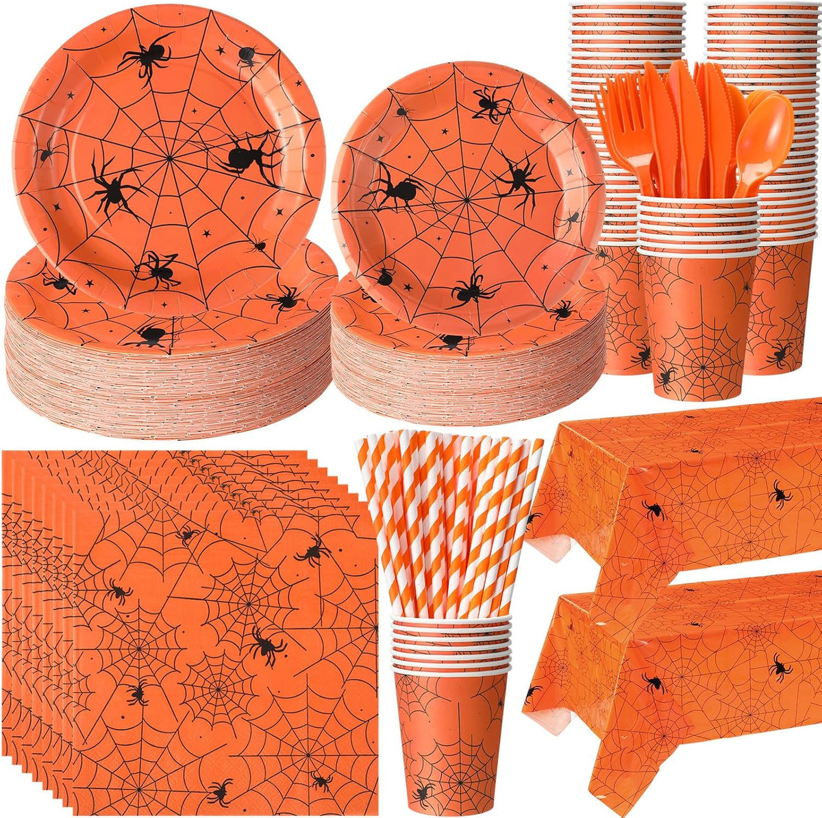 Funnymoom 452 Pcs Orange Halloween Spiderweb Party Supplies, Serves 50