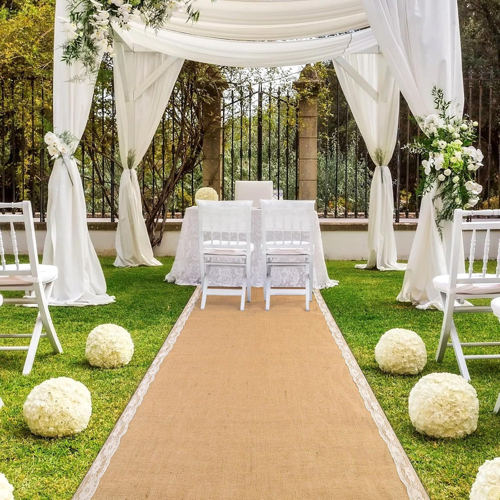 AK TRADING CO. 40" Wide Natural Burlap Wedding Aisle Runner with Ivory L...