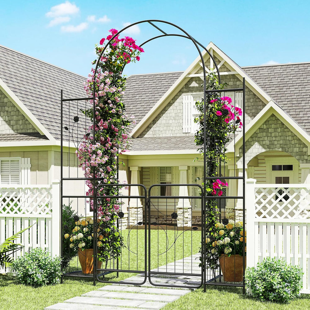 HAPPYGRILL 87" Garden Arbor, Garden Arch with Planter Shelves & Gate