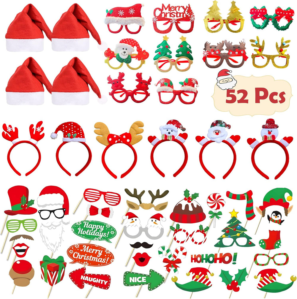 52 Pcs Christmas Photo Booth Props Kit, 20Pcs Glitter Eyeglasses Frame Hats H...