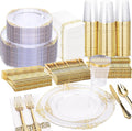 Nervure 350PCS Clear Gold Plastic Plates - Gold Plastic Dinnerware Sets for 50 Guests - 100 Disposable Plates, 150 Silverware, 50 Cups, 50 Napkins for Wedding & Party & Thanksgiving